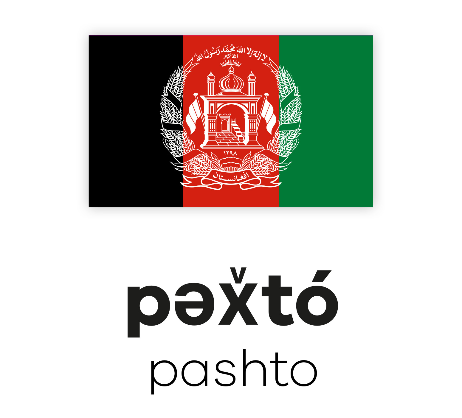 Flagge Afghanistans über dem Wort "Pashto" in lateinischen und paschtunischen Schriftzeichen, repräsentiert die Sprache Pashto.