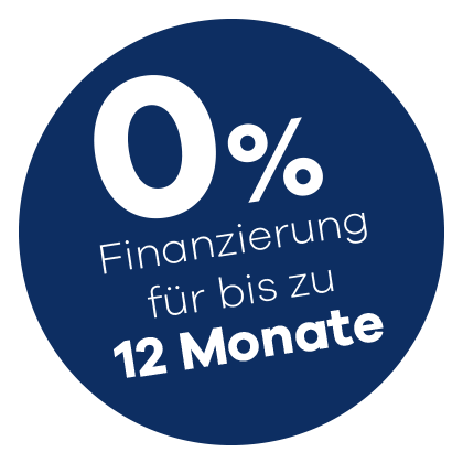 Runder Button mit Text "0% Finanzierung für bis zu 12 Monate" in weißer Schrift auf dunkelblauem Hintergrund.