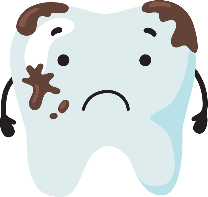 Illustration eines traurigen Zahns mit Schmutzflecken und besorgtem Gesichtsausdruck, der auf Zahnpflege hinweist.